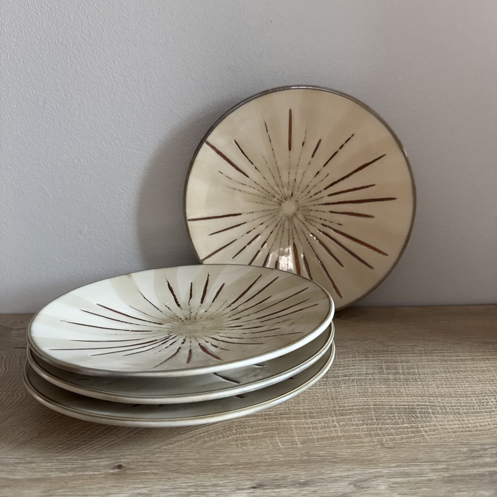 Pier 1 Plates Sanctuary Stoneware Beige Brown Starburst Salad Dessert Lot Of 4